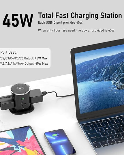 Jgstkcity Pop Up Countertop Outlet Recessed Power Strip with 15W Wireless Charger,45W USB C,3.15 inch Desk Hole,Ideal for Kitchen Island & Conference Table Receptacle (Black, 6FT-45W USB Ports)