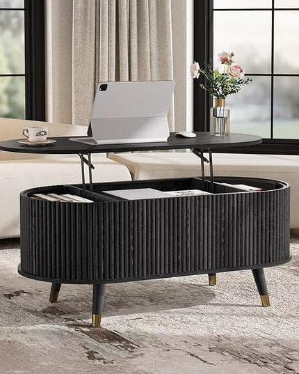 JOINICE 42.5" Oval Lift Top Coffee Table with Storage, Mid Century Modern Black Center Table with Fluted Panel, Solid Wood Legs & Hidden Compartment for Living Room