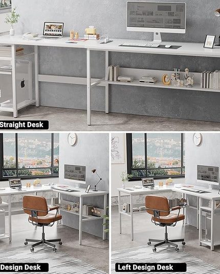 Unikito Reversible L Shaped Computer Desk with Magic Power Outlets and USB Charging Ports, Sturdy Corner Desk with Storage Shelves, Durable Work Desk for Home Office, Easy to Assemble, White