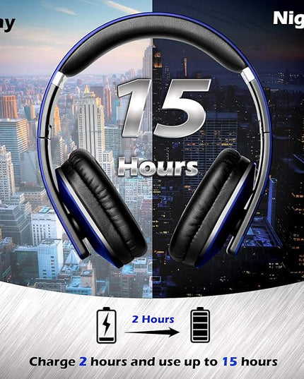 August EP650 Bluetooth Wireless Over-Ear Headphones with aptX Low Latency, NFC, Multipoint Pairing, Wired Option, Built-in Microphone - Blue