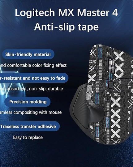 Mouse Grip Tape Full Coverage for Logitech MX Master 4, Mouse Anti Slip Grip Tape,Self-Adhesive PreCut Sweat-Resistant Professional Mice Upgrade Kit(Black)