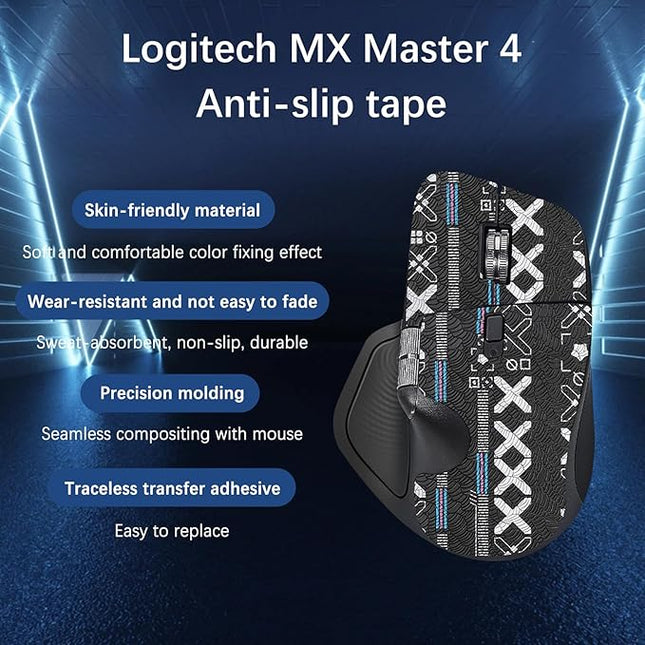 Mouse Grip Tape Full Coverage for Logitech MX Master 4, Mouse Anti Slip Grip Tape,Self-Adhesive PreCut Sweat-Resistant Professional Mice Upgrade Kit(Black)