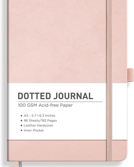 RETTACY Bullet Dotted Journal Notebook, 192 Pages, A5 Medium Size (5.7'' x 8.3''), Leather Hardcover, 100 GSM Thick Paper, for Bullet Journaling, Planning, Tracking (Rose Gold)