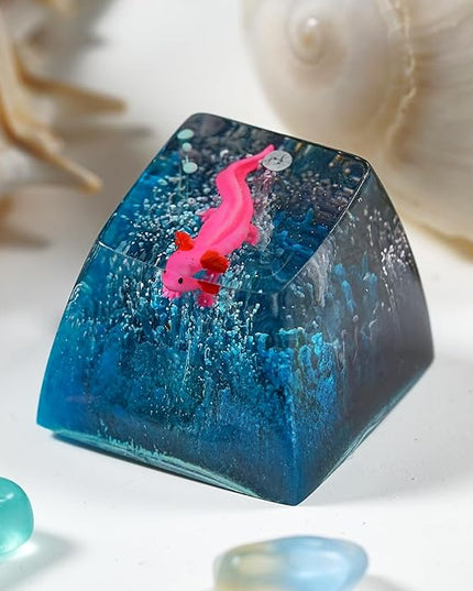 Pink Axolotl in Deep Blue Black Cute Artisan Keycap R1 SA Profile Custom Animal Keycaps 1U ESC Handmade Gaming Resin Key cap Cherry MX Switch Compatible Mechanical Keyboard Gift for Axolotl Lover