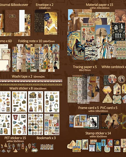 Scrapbooking Supplies Kit, Egyptian Vintage Aesthetic Scrapbook Kit for Bullet Junk Journal, Ancient Egypt DIY Journaling Supplies with Hieroglyph, Pharaoh, Pyramid, Unique Gift for Teens & Women