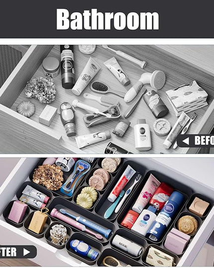 Plastic Drawer Organizers, 10 PCS Drawer Organizer Bins, Bathroom and Vanity Organizer Plastic Tray, Makeup Organizer and Storage for Makeup, Bedroom, Kitchen Gadgets Utensils and Office (Black)