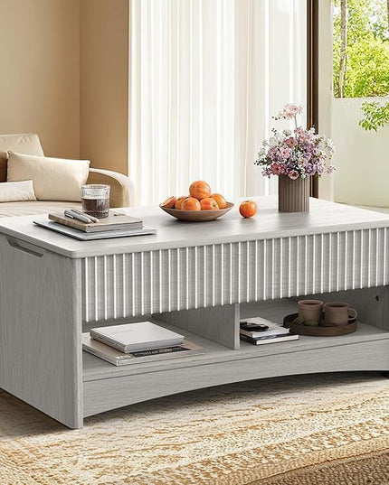 Marsail Lift Top Coffee Table with Open & Hidden Storage, Modern Fluted Coffee Table with Smooth Lift Mechanism, Sturdy Space-Saving Center Table for Home Living Room, Office, Light Grey