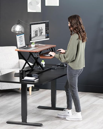 VIVO 42 inch Desk Converter, K Series, Height Adjustable Sit to Stand Riser, Dual Monitor and Laptop Workstation with Wide Keyboard Tray, Dark Walnut Top, Black Frame, DESK-V042KA