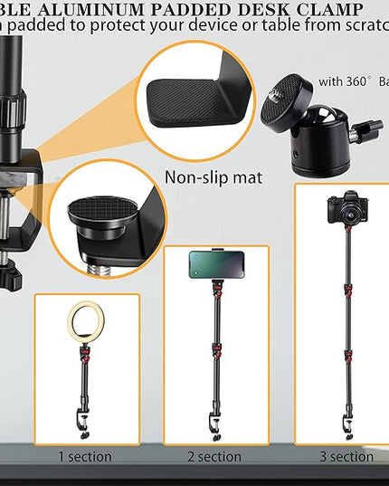 Overhead Camera Mount Desk Stand, 3-Section Flexible Detachable Articulating Arm with 1/4“ 3/8" 5/8" Screw&360° Ball Head, C-clamp Tabletop Mount for DSLR Camera/Webcam/Microphone/Lights