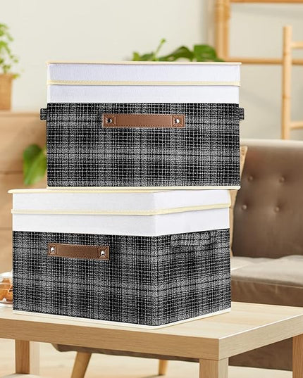 TYEERS Collapsible Storage Bins with Lids, Patchwork Design, Washable, Fabric Storage Boxes, 14.9x9.8x9.8 inches, 3 Pack, Black