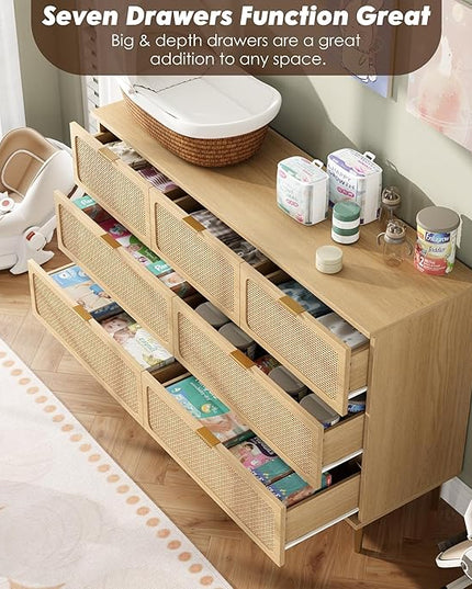 Garvee Rattan Dresser with 7 Drawers, Tall Modern Closet with Deep Storage, Large Chest of Drawers with Wide Top, Long Wooden Dresser for Bedroom, Living Room, Hallway, Kids Room, Natural