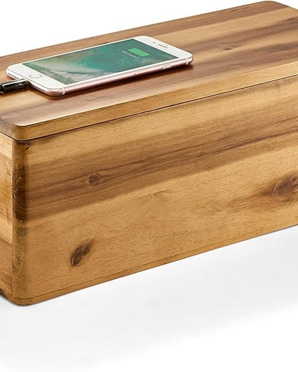 Acacia Wood Cable Management Box Round Edge - 16" L Wooden Cable Organizer Box for Electrical Hiding Cord Management - Power Strip Hider Cable Storage Box for Office, Router Wires, Under Desk