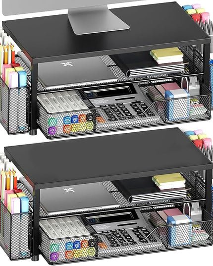 OPNICE Desk Organizer and Accessories, 2-Tier Computer Monitor Stand Riser with Drawer and 2 Pen Holders, Laptop Stand, Office Desk Accessories for Office Supplies, Black 2-Pack