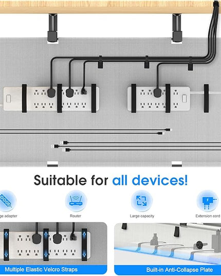 Under Desk Cable Management Tray, 40-inch No-Drill Cord Organizer with Anti-Sag Reinforced Base, Fabric Wire Management Hider for Standing Desk, Office & Gaming Accessories - Grey