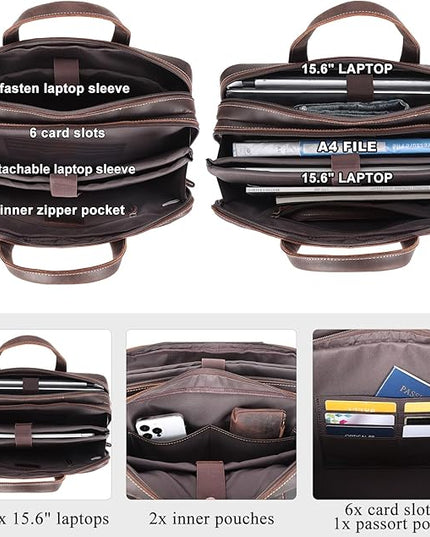Masa Kawa Leather Briefcase for Men 15.6", 17" Laptop Computer Case Business Travel Work Messenger Cross Body Shoulder Bag