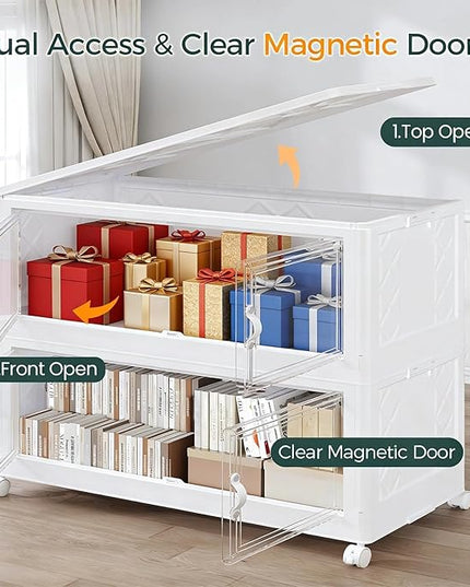 720QT Extra Large Stackable Storage Bins with Lid, 180Gal Collapsible Storage Box with Wheels and Doors, Plastic Closet Organizers and Storage Cabinet for Home Kitchen Office Dorm, 4Pack White
