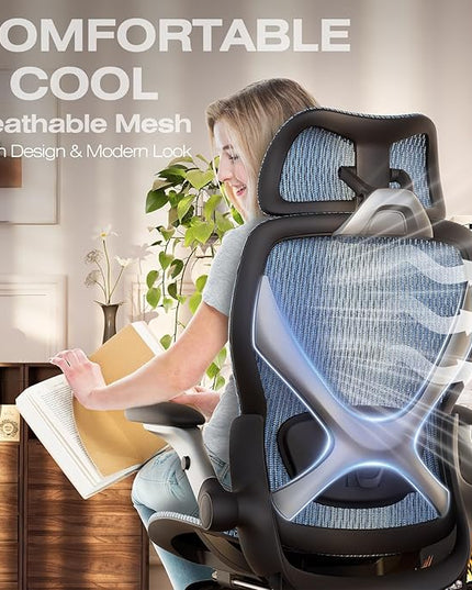 ELABEST X100 Ergonomic Office Chair with Footrest, Big and Tall Home Desk Chair with 5D Flip-Up Arms, Adjustable 3D Lumbar Support,High Back Rolling Computer Chair, Swivel Mesh Chairs (Oaxaca Blue)