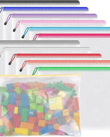 Umriox Mesh Pouch, 14.9x11.0 in (12 Colors, 12 Packs), Extra Large Waterproof Zipper Bags for Office Supplies, Puzzles, Board Games & Cross Stitch Projects