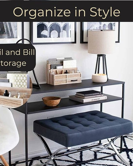 BLU MONACO | Natural Wood Mail Organizer with Drawer & Pen Holder | Rustic Desk Organizer for Bills, Letters & Countertop Storage | Wooden Desktop Mail Sorter for Home & Kitchen
