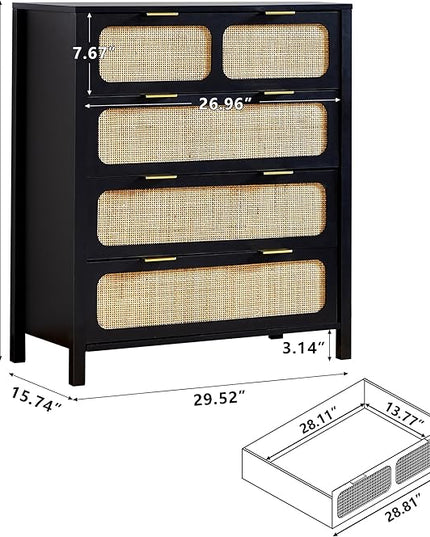 LEVNARY 4 Drawer Dresser Set of 2, Rattan Dressers Storage Cabinet with Metal Handles, Wooden Chest of Drawers Dresser for Bedroom, Entryway, Living Room, Hallway (2, Black)