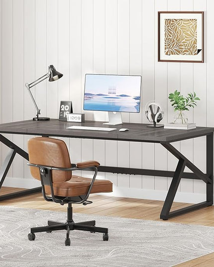 IBF Long Desks for Home Office, Large Metal Wooden Computer Desk for 2 Monitors, 70 Inch Two Person Desk for Executive Work Writing Study Gaming, Industrial Modern Big Double Desk, Dark Gray Oak