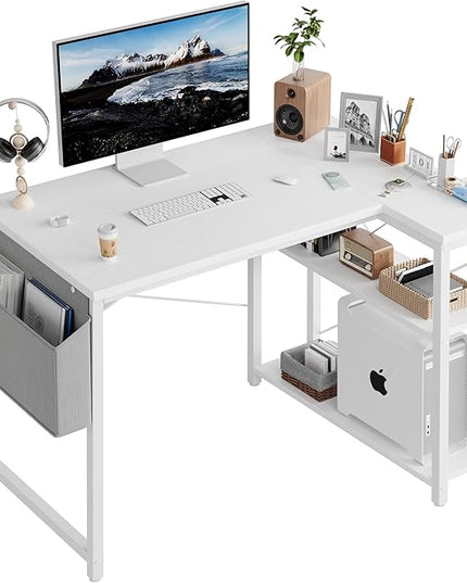 Grandder L Shaped Computer Desk with Reversible Shelves, 40 Inch Small Corner Desk with Storage Bag, Gaming Desk Computer Table Study Writing Desk for Home Office Small Space, White