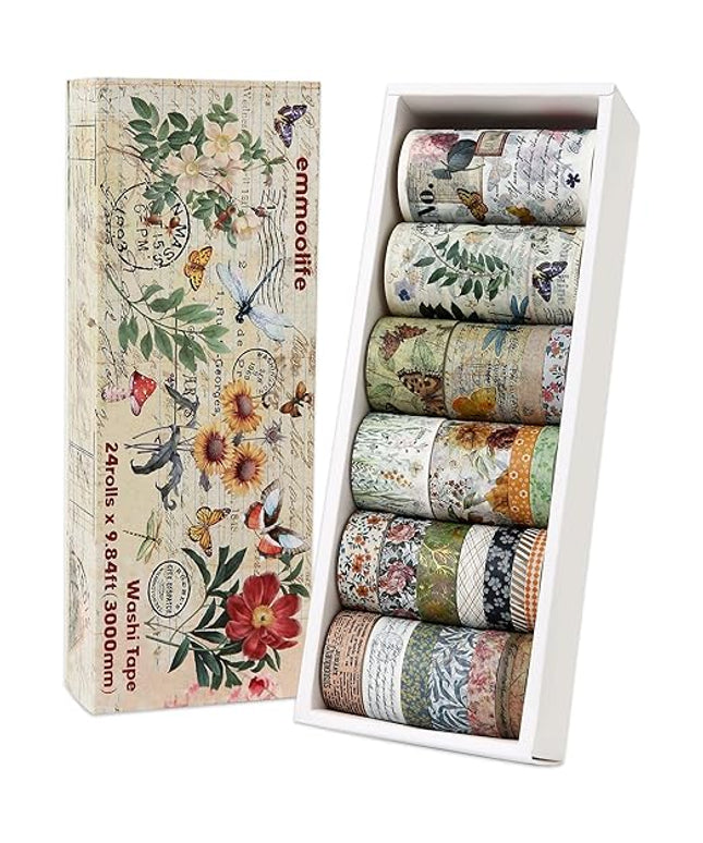 24 Rolls Vintage Washi Tape Set, Floral Letter Butterfly Mushroom Botanical Flower Writable Decorative Tapes for Scrapbooking , Junk Journal supplies, Bullet Journaling 5-75mm Wide 9.84ft long/Roll