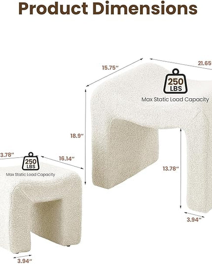 Small Footstool Ottoman Vanity Stool Chair Seating Backless Modern Foot Rest Teddy Velvet Ottoman Set for Makeup Room Living Room Bedroom Entryway,White (2-in-1)