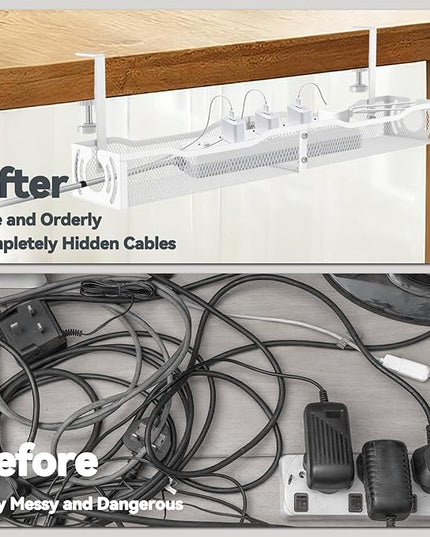 Cable Management, 25.3'' Under Desk Cable Management Tray No Drill, Metal Cable Organizer with Clamp for Wire Management, Cord Organizer for Home Office, Desk Accessories Organizer, White