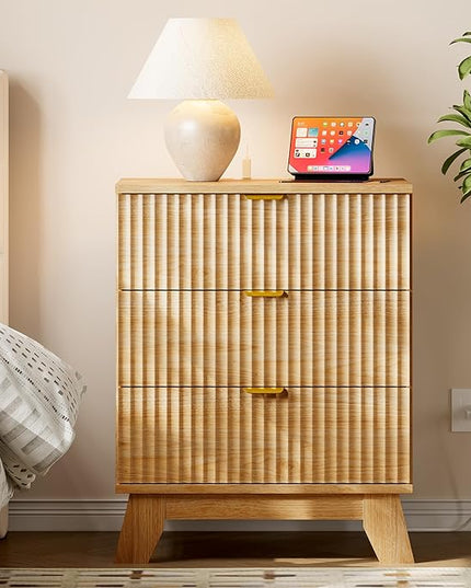 BORNOON 30.5" Nightstand with Charging Station, 3-Drawer Fluted Bedroom Chest, Wood Bedside Dresser with Power Outlets and USB Ports, Metal Slides, Stable Base, Modern Storage Cabinet for Small Spaces