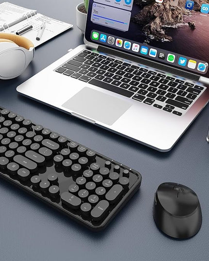 Wireless Keyboard and Mouse Combo, Ergonomic Full Size Typewriter Retro Round Keycaps Keyboard, Compatible with Windows, PC, Perfer for Home and Office Keyboards (Black