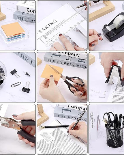 17 in 1 Black Desk Organizers and Accessories Set, 3 Office Desk Supplies Storage Organization, 4 Pens, Stapler, Staples & Remover, Tape & Dispenser, Scissors, Ruler, Clips, Hole Punch, Back to School