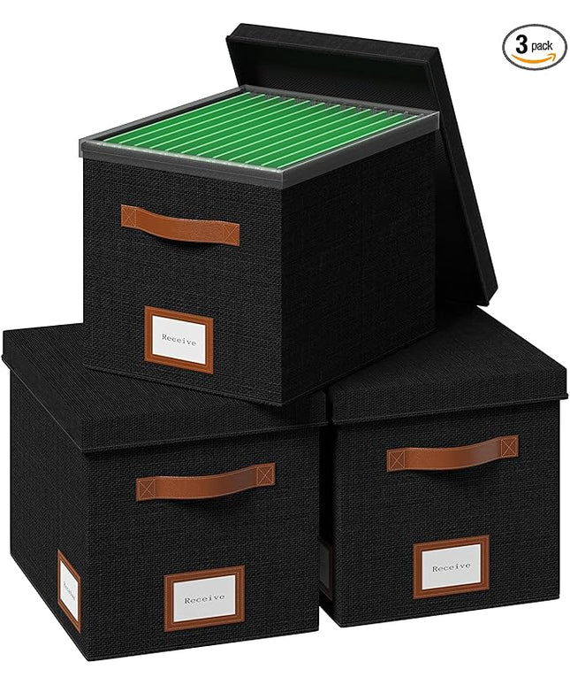 File Organizer Box with Lid File Box for Hanging Decorative File Organizer with One-Piece Integrated Plastic Slide Rail (Black, 13.2x10.1x10.1inch(3pack))