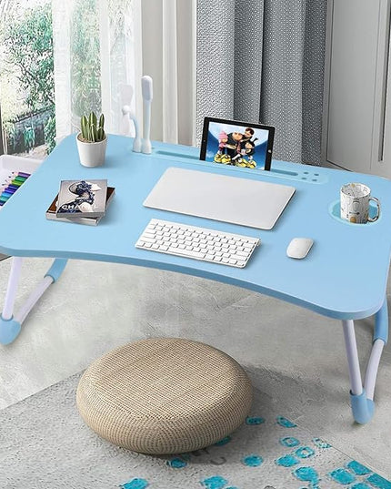 Slendor Lap Desk with Tablet Slot, Foldable Laptop Table with Storage Drawer for Bed，Portable Bed Desk for Laptop, Computer Tray with Cup Holder Notebook Stand Reading Holder for Couch Floor, Blue
