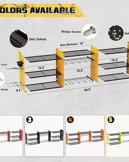 Power Tool Organizer with Charging Station Wall Mount, 3 Layer Expanded Heavy Duty Garage Organization, 45.5 Inch Length Garage Tool Storage, 8 Drills, 2 Assemble Method, Yellow