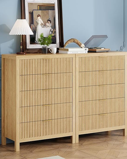 JZXSHD 43" 5 Tall Drawer Dresser Organizer TV Drawer Cabinet Modern Wood Storage Cabinet, Modern Wood Storage Cabinet for Bedroom, Hallway, Entryway, Natural Oak