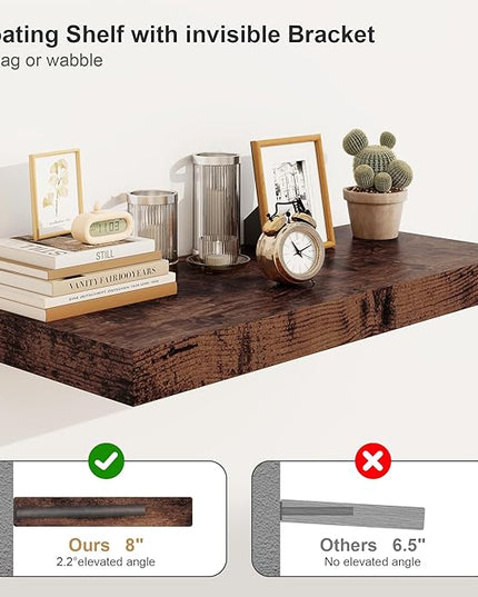 Heimlove 12" Deep Floating Shelves for Wall Shelf Over Toilet Wall Mounted Farmhouse Long 55 inches Set of 1, Farmhouse Shelves with Invisible Brackets for Living Room, Kitchen, Bedroom,Rustic Brown