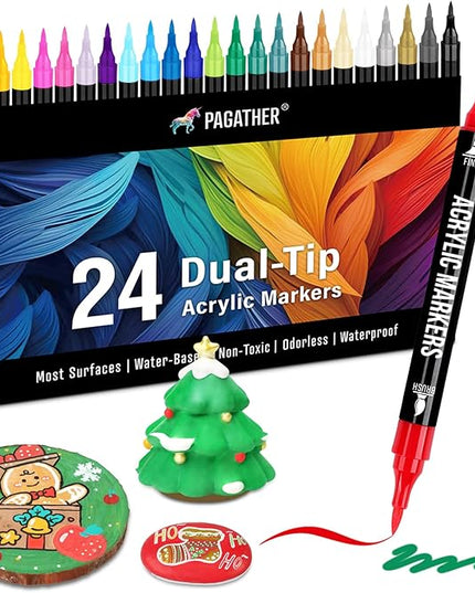 24 Colors Acrylic Paint Markers, Dual Tip with Fine Tip and Brush Tip Pens for Stone, Wood, Calligraphy, Canvas, Ceramic, Metal, Glass, Rock Painting, DIY Crafts