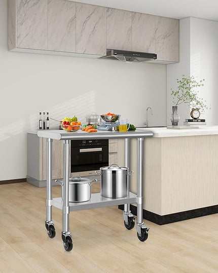 HARDURA Stainless Steel Commercial Table Prep & Work Table with Casters Heavy Duty Metal Table with Wheels NSF 430 18×36 Inches