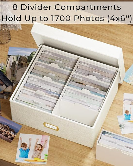 Decorative Photo Storage Box - 2 Pack Linen Photo Box Organizer with Dividers, Fits Holds Up to 1700 Pictures and 4x6 Photos, Memory Keepsake Organizer for Scrapbook Supplies, Cards, Stamps (Beige)