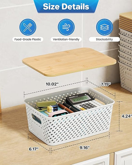 8 Packs Plastic Storage Bins with Bamboo Lids - Stackable Storage Bins Decorative Small Basket Containers for Organizing Shelves Office Classroom Desktop Closet, Cream White