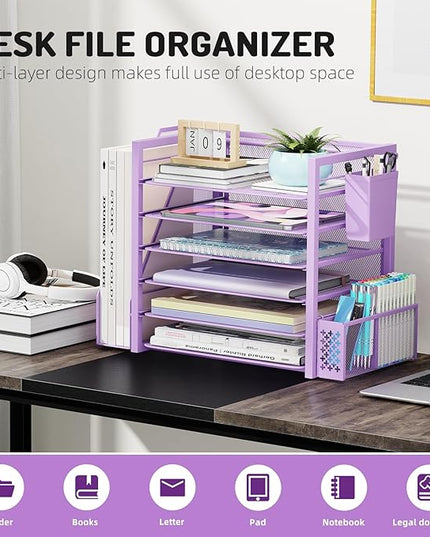 Simple Trending 6 Tier Desk File Organizer, Paper Letter Tray Organizer with File Holder and Pen Container, Purple