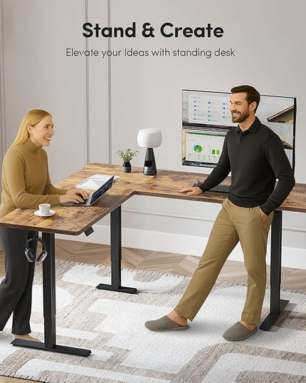 FEZIBO 75x63 L Shaped Standing Desk, Electric Height Adjustable L Shaped Desk, Suitable for Home Office, Vintage-Brown