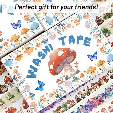 KOVANO Washi Tape Set 13 Rolls - Mushroom Butterfly Floral Decorative Tape, Colored Masking Tape for Scrapbooking Supplies, Bullet Journal Supplies, Junk Journal, DIY Crafts Art