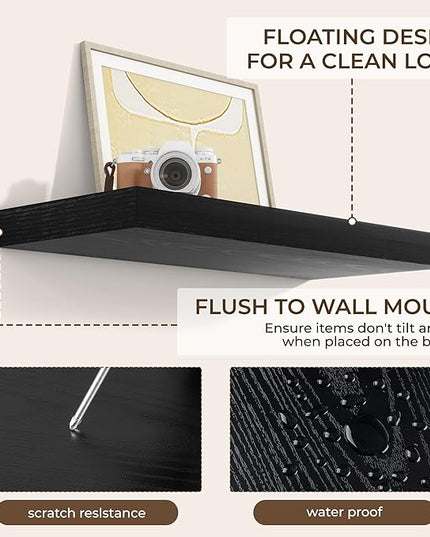 RICHFOCUS 24Inch Floating Shelves for Wall 2 Pack Shelves for Bedroom|Kitchen|Bathroom Wall Mounted Rustic Wood Floating Shelf with Invisible Brackets for Books|Storage|Decor, Black
