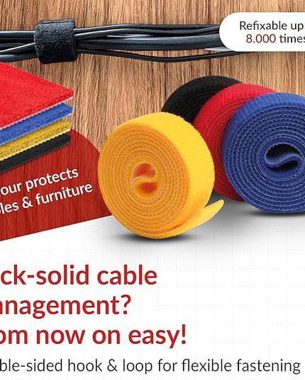 Label-the-cable Cable Management Ties Tape, Adjustable, Re-Useable/Cable Tidy/Hook and Loop Cord Organizer, Wire Management/LTC Rolls, 4 PCS, 1m x 16mm, Black, Blue, Yellow and Red, LTC 1230