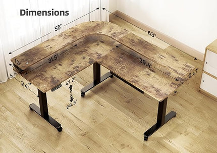Claiks 63" L Shaped Standing Desk with Drawers and LED Lights, Height Adjustable Electric Corner Standing Desk with Monitor Stand & Power Outlet, 4 Memory Preset, Rustic Brown