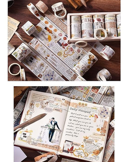 18 Rolls Vintage Washi Tape Set, Newspaper Building Map Retro Masking Tape 5/10/15/20/25/30/50/75mm Wide 6.56ft Long Decorative Scrapbook Tape for journaling, Scrapbooking Supplies, Junk Journal Craft