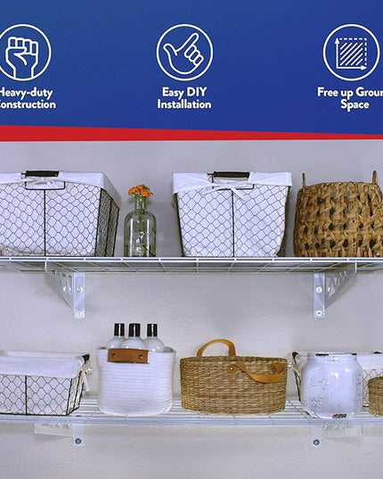 SafeRacks Wall Shelves - 2 Pk 18"x36" Wall Mountable Shelving Unit for Storage Rack, Pantry Shelves, Utility Shelving, Heavy Duty Shelves w/ 4 Versatile Accessory Hooks, 500lbs Capacity, White