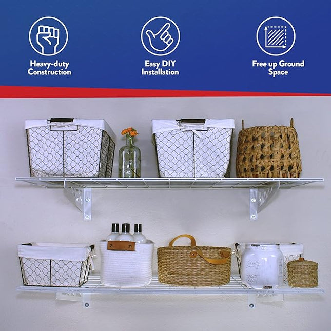 SafeRacks Wall Shelves - 2 Pk 18"x36" Wall Mountable Shelving Unit for Storage Rack, Pantry Shelves, Utility Shelving, Heavy Duty Shelves w/ 4 Versatile Accessory Hooks, 500lbs Capacity, White
